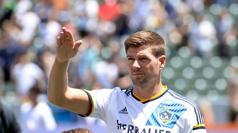 Steven Gerrard #8 of the Los Angeles Galaxy waves at his family in the owner box before the start of the MLS match between LA Galaxy and Seattle Sounders