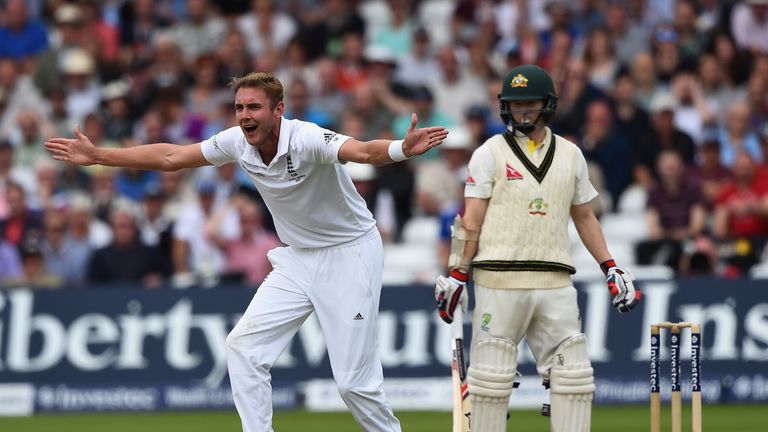 Stuart Broad of England puts appeals for lbw against Chris Rogers of Australia during day two of the 4th Investec Ashes Test