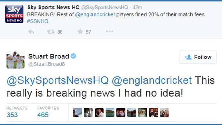 Stuart Broad reacts with surprise to news he had been fined 20% of his match fee