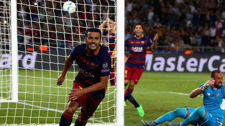 Pedro celebrates after scoring the winner for Barcelona in the UEFA Super Cup