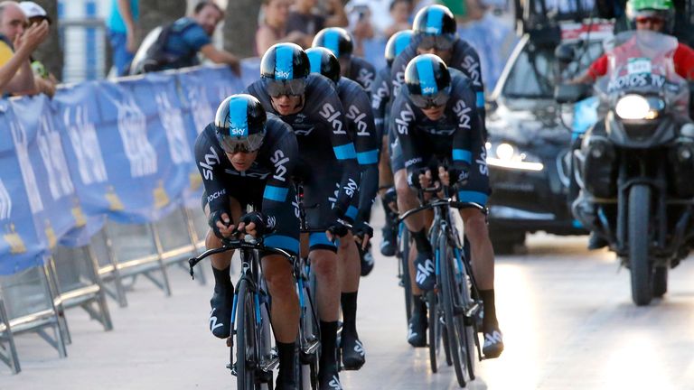 Team Sky in action during the Team Time Trial of the 2015 Vuelta Espana