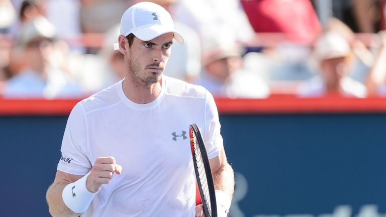 Andy Murray celebrates after winning the first set against Novak Djokovic at the Montreal Masters