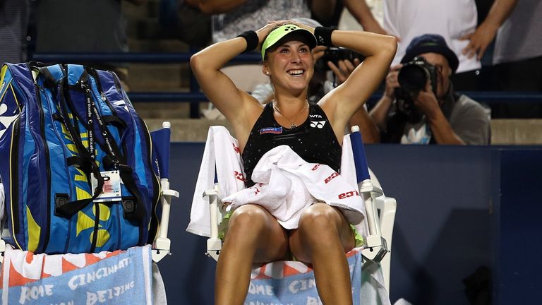 Belinda Bencic celebrates her victory against Serena Williams during the Rogers Cup