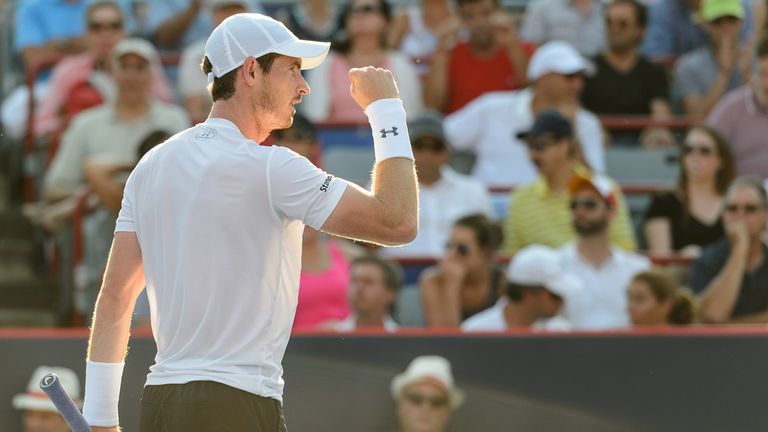 Andy Murray celebrates a point against Novak Djokovic at the Montreal Masters