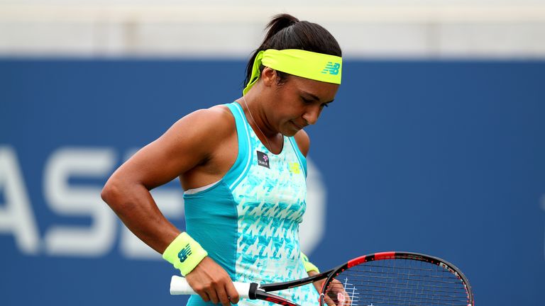 Heather Watson of Great Britain in action against Lauren Davis of the United States at the US Open