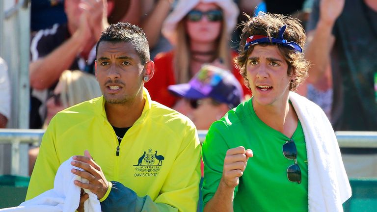 Thanasi Kokkinakis (right) is a Australian Davis cup team-mate of Nick Kyrgios' (left)