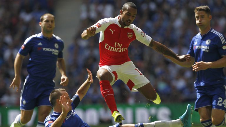 Arsenal's English midfielder Theo Walcott evades the challenge from Chelsea's English defender John Terry (2nd 