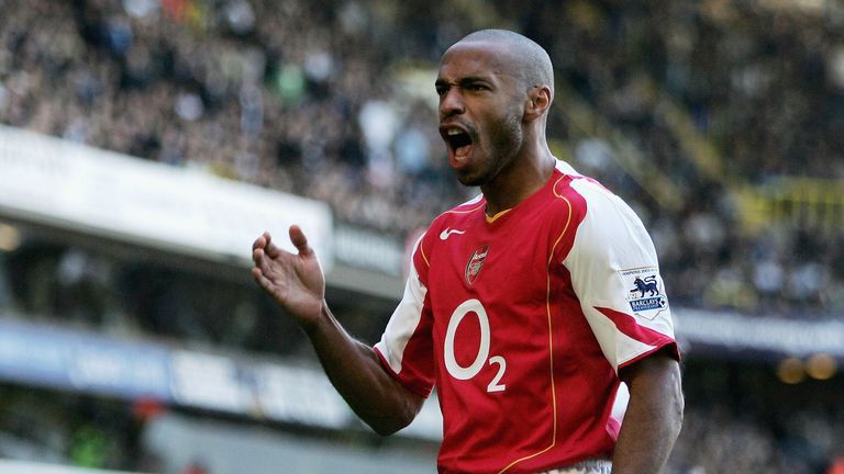 LONDON - NOVEMBER 13:  Thierry Henry celebrates a goal during the Barclays Premiership match between Tottenham Hotspur and Arsenal at White Hart Lane on No
