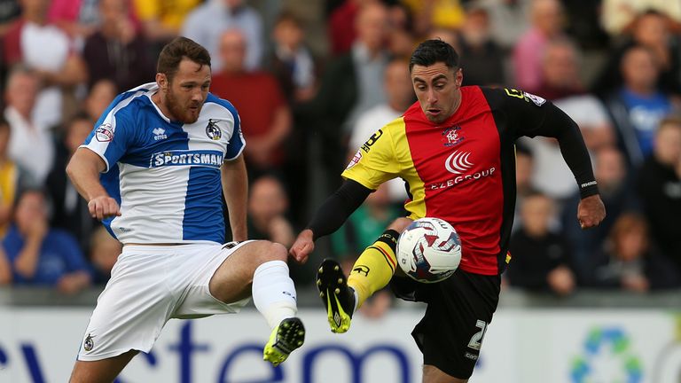 Birmingham City's Lee Novak gets past Bristol Rover's Tom Parkes (left) during the Capital One Cup, First Round match at the Memorial Stadium, Bristol.