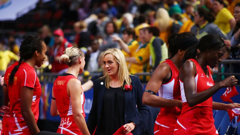 England head coach Tracey Neville celebrates with players after victory in the 2015 Netball World Cup match between England and Jamaica
