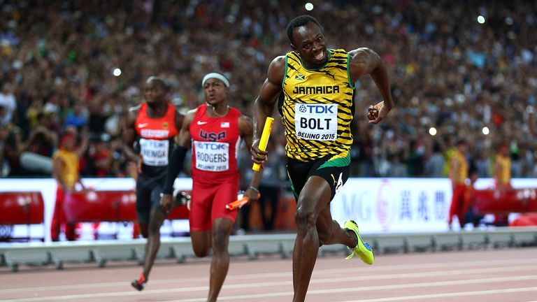 Usain Bolt of Jamaica crosses the finish line to win gold in the Men's 4x100 Metres Relay final