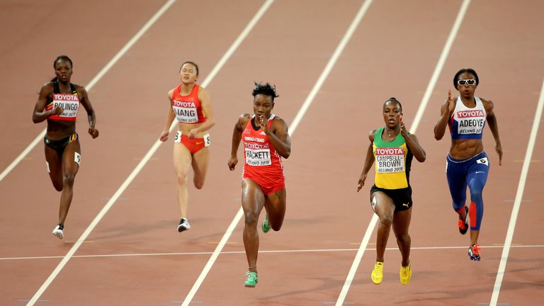 Veronica Campbell-Brown of Jamaica and Margaret Adeoye of Great Britain