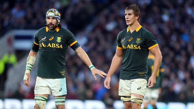 Victor Matfield (L) and Eben Etzebeth of South Africa during the QBE International match between England and South Africa