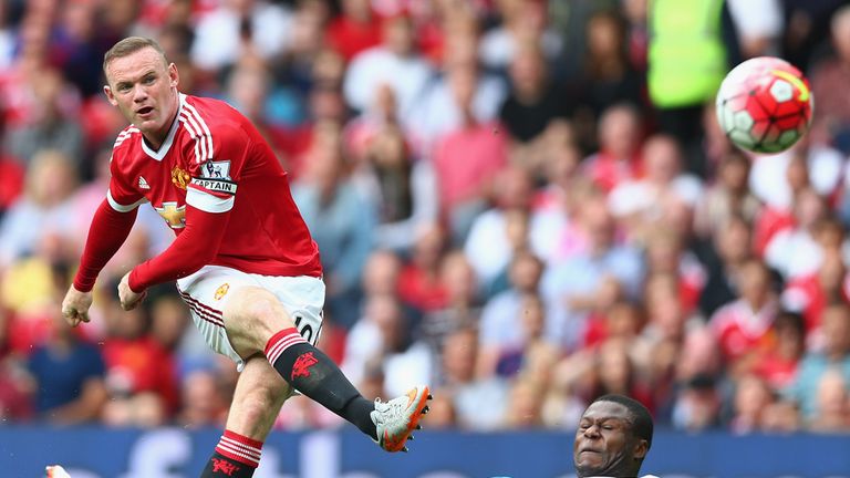 Wayne Rooney shoots on goal against Newcastle