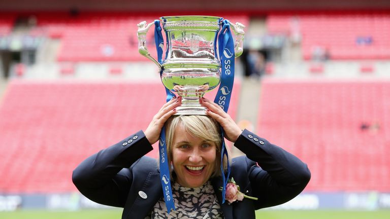 LONDON, ENGLAND - AUGUST 01: Emma Hayes, the Chelsea manager celebrates their victory during the Women's FA Cup Final match between Chelsea Ladies FC and N