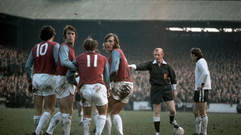 Sir Geoff Hurst (second left) in action for West Ham at Upton Park in 1972