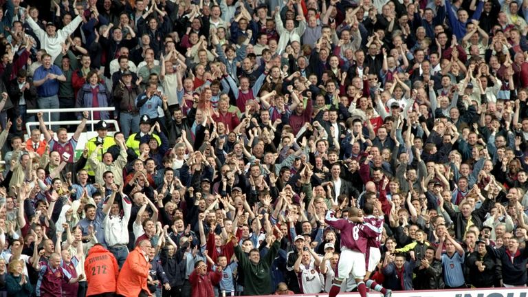 West Ham fans celebrate during a Premier League clash against Middlesbrough in 1999
