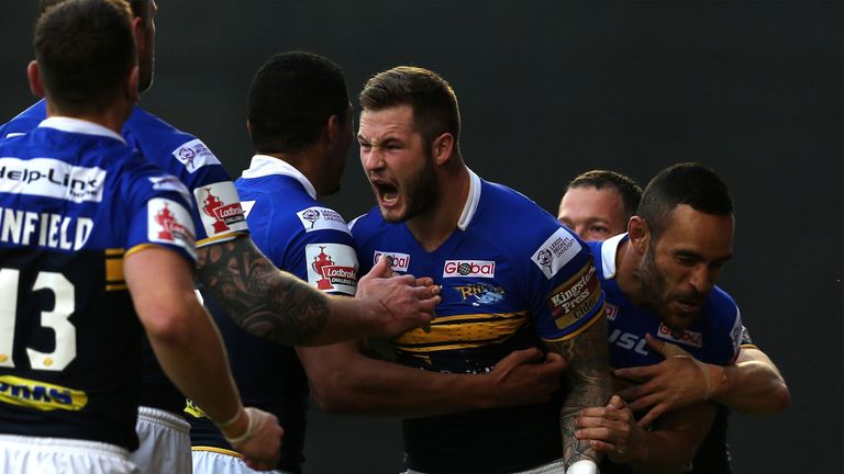 Zak Hardaker (middle) of Leeds Rhinos celebrates scoring a try during the Challenge Cup Semi-Final win over St Helens.