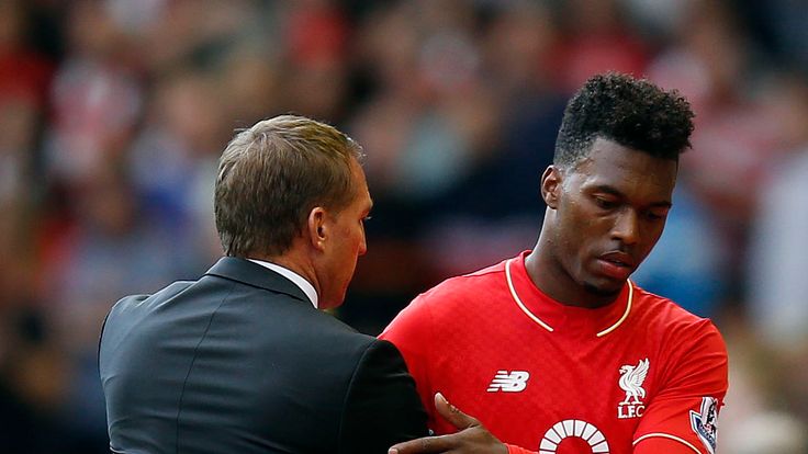 Liverpool's Daniel Sturridge and Liverpool manager Brendan Rodgers during the Barclays Premier League match v Aston Villa at Anfield