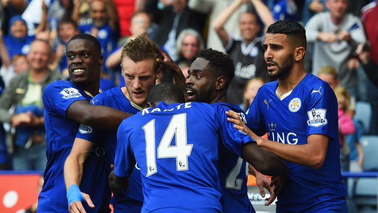 Leicester's Jamie Vardy (second left) celebrates with teammates after scoring their second and equalising goal during the match against Aston Villa