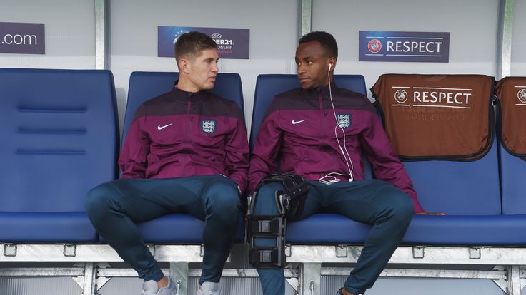 John Stones and Saido Berahino look on before the UEFA Under21 European Championship 2015 Group B match between England and Portugal in the Czech Republic