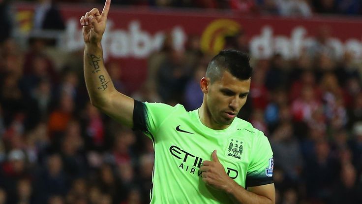 Sergio Aguero of Manchester City celebrates scoring the opening goal from the penalty spot