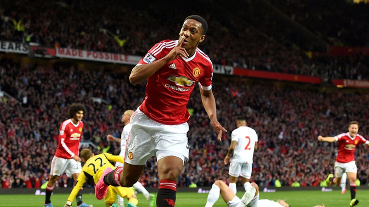 Manchester United's Anthony Martial celebrates scoring his side's third goal against Liverpool