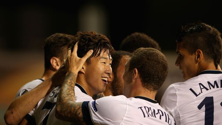 LONDON, ENGLAND - SEPTEMBER 17:  Son Heung-Min of Tottenham Hotspur celebrates scoring a goal against Qarabag with Kieran Trippier