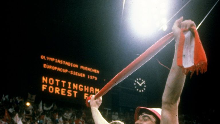 1979:  John Robertson of Nottingham Forest celebrates victory during the European Cup Final match against Malmo. 