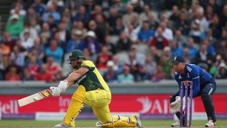 Aaron Finch of Australia hits out in front of Jonny Bairstow of England during the 5th Royal London ODI