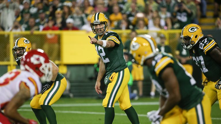 Quarterback  Aaron Rodgers calls a play during the game against the Kansas City Chiefs.