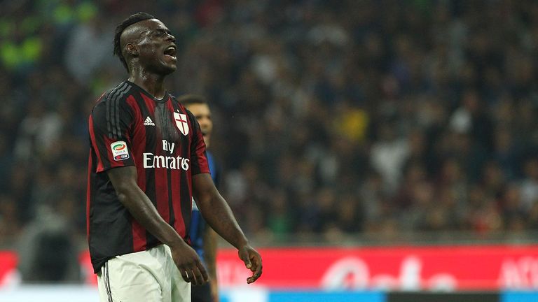 Mario Balotelli of AC Milan reacts to a missed chance during the Serie A match v Inter Milan