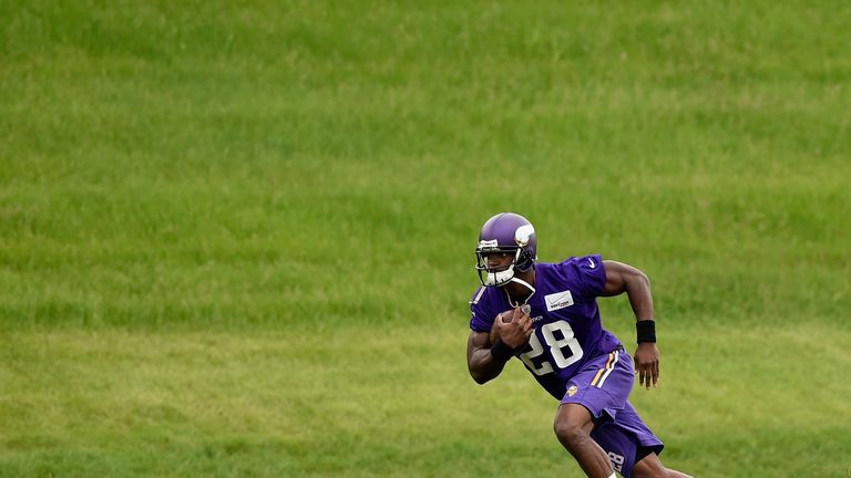 Adrian Peterson runs a drill during practice with the Minnesota Vikings on June 4, 2015 at Winter Park in Eden Prairie.