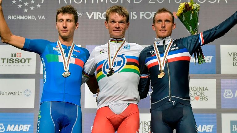 Adriano Malori (Italy),  Vasil Kiryienka (Belarus) and Jerome Coppel (France), UCI Road World Championships, men's time trial, Richmond