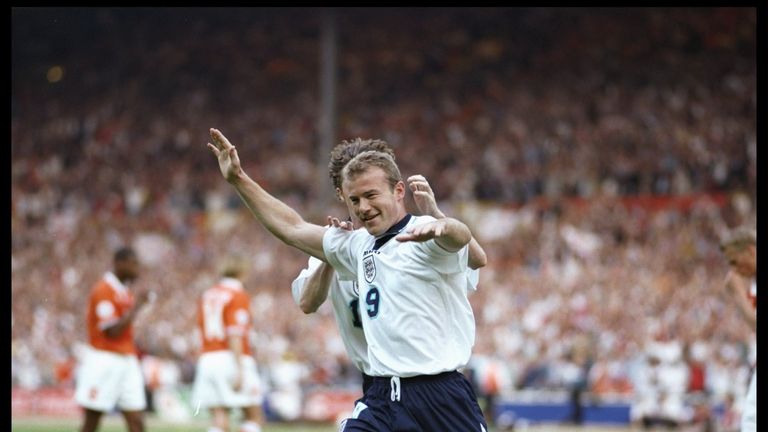 Alan Shearer celebrates his second and England's third goal against Holland at Wembley during Euro 96