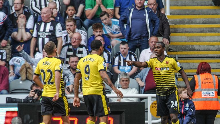 Almen Abdi (left) celebrates after Odion Ighalo (right) scored Watford's second goal in their win at Newcastle