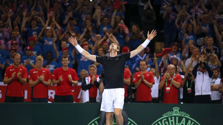 Andy Murray of Great Britain celebrates his victory during his reverse singles match against Bernard Tomic 