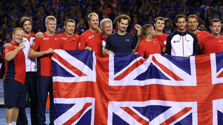 Andy Murray and the Great Britain Davis Cup team celebrate their win over Australia 