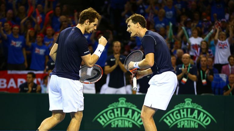  Jamie Murray (R) and Andy Murray of Great Britain celebrate a point during Day Two of the Davis Cup Semi Final 