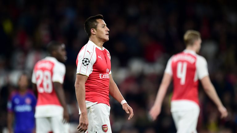 Arsenal's Alexis Sanchez (left) dejected during the UEFA Champions League, Group F match v Olympiakos at Emirates Stadium, London