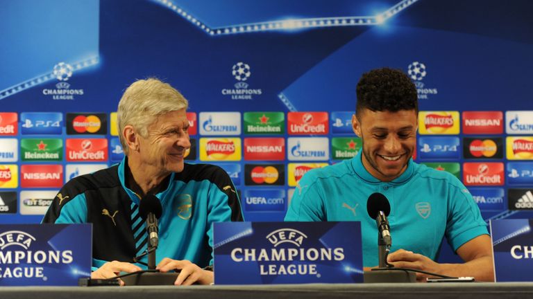 Arsenal manager Arsene Wenger and Alex Oxlade-Chamberlain attend a press conference ahead of the visit of Olympiakos in the Champions League