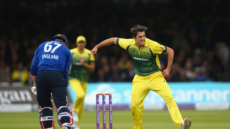 Pat Cummins of Australia celebrates taking the wicket of Jason Roy of England