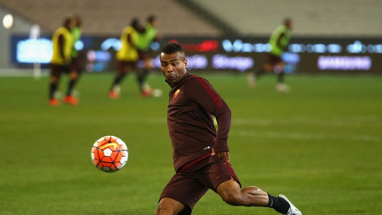 Ashley Cole of Roma kicks the ball during a training session at Melbourne Cricket Ground on July 17, 2015