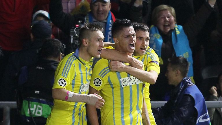 Astana's players celebrate scoring against Galatasaray. Astana became the first team from Kazakhstan to win a Champions League point