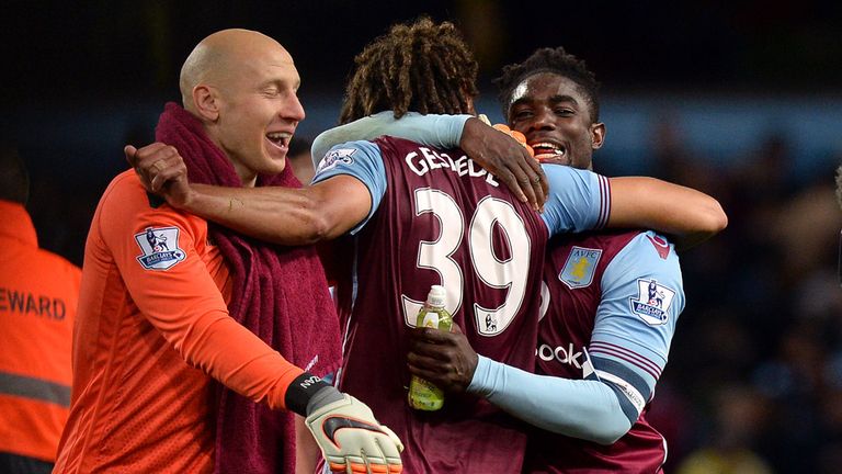 Aston Villa's Micah Richards (right) and his team-mates celebrate after the Capital One Cup, third round match at Villa Park, Birmingham.