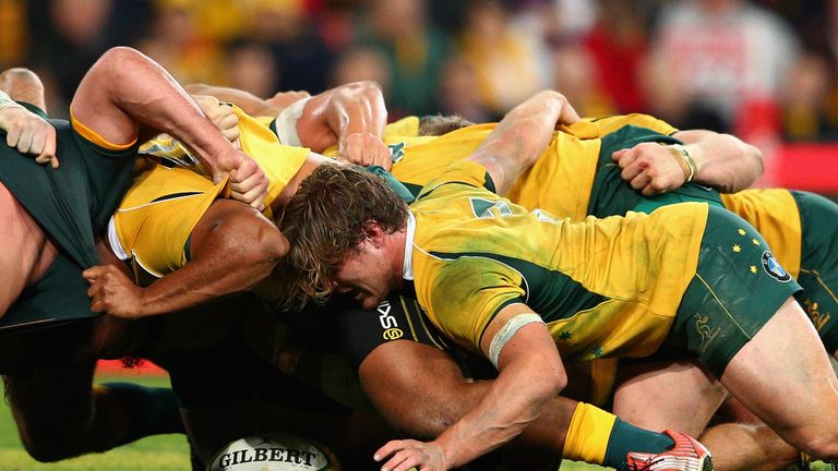 Michael Hooper of the Wallabies and team mates pack down a scrum during The Rugby Championship match against South Africa.