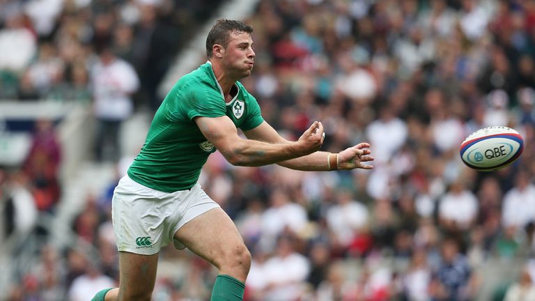 LONDON, ENGLAND - SEPTEMBER 05:  Robbie Henshaw of Ireland passes the ball during the QBE International match between England and Ireland at Twickenham Sta