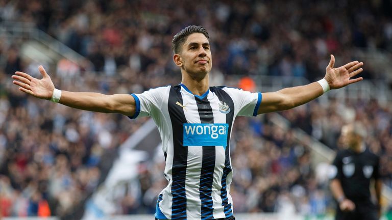 Ayoze Perez of Newcastle United celebrates scoring the opening goal during the Barclays Premier League match v Chelsea at St James' Park