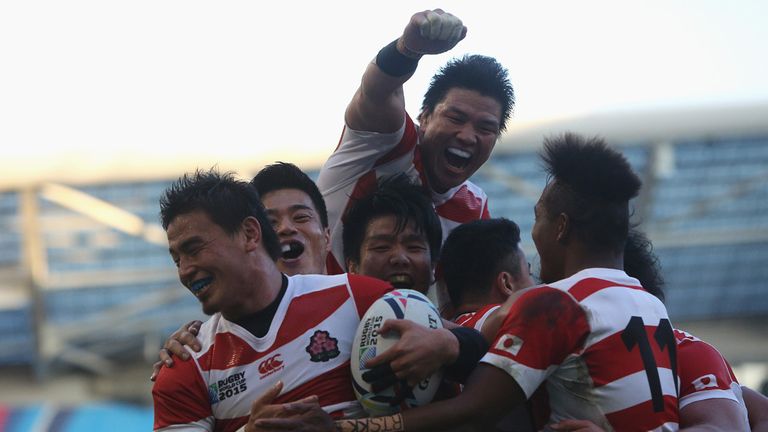 Ayumu Goromaru of Japan celebrates scoring his team's second try 