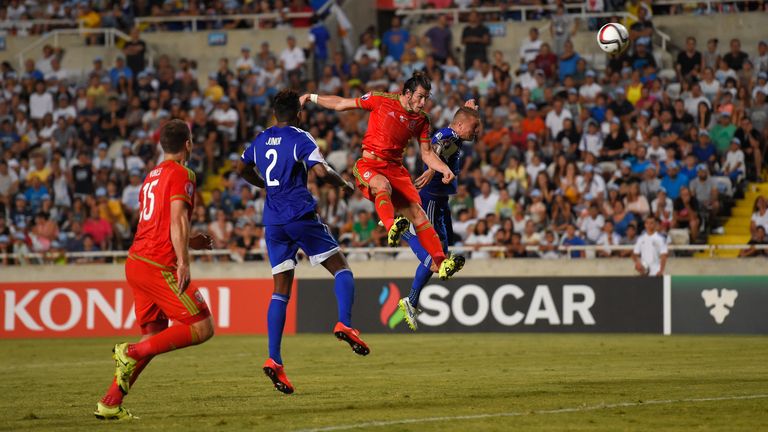 NICOSIA, CYPRUS - SEPTEMBER 03:  Wales striker Gareth Bale heads the opening goal during  the UEFA EURO 2016 Qualifier between Cyprus and Wales at GPS Stad